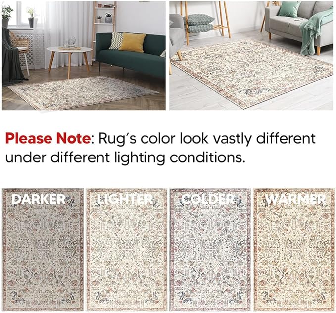 Keen Home Design 6x9 Rug - Machine Washable Area Rug with Non-Slip Backing, Ideal for Living Room, Dining Room, Bedroom - Vintage, Easy Clean, Durable, Low Pile Rug - (6' x 9')
