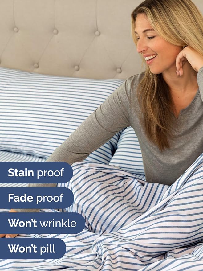 Extra Deep Pocket King Sheets - 4 Piece Breathable & Cooling Bed Sheets - Hotel Luxury Bed Sheet Set - Soft, Wrinkle Free & Comfy - Easily Fits Extra Deep Mattresses - Deep Pocket Blue Striped Sheets