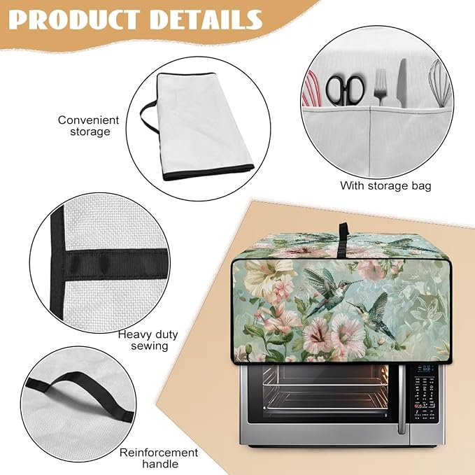 Air Fryer Toaster Oven Dust Cover Protective Convection Oven Cover with Pockets and Handle for Kitchen Countertop, L, 18.5 x 22.5 x 13 Inches, Retro Hummingbird Hibiscus Flower Green