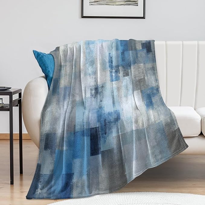 Fashion Gradient Blanket, Modern Art Abstract Blue Grey Check Painting Strokes Pattern Soft Warm Cozy Plush Flannel Covers for Livingroom Bedroom Couch Chair Camping Travel Home Decor Tapestry 50x60in