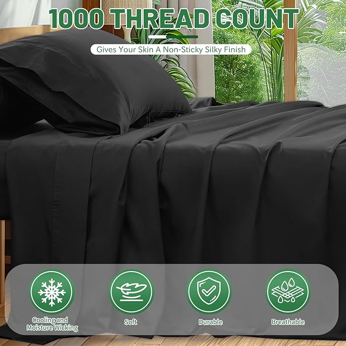 1000 Thread Count Egyptian Cotton Sheets Queen Size Set 4PCS Sateen Weave Soft Breathable 16-Inch Deep Pocket（Queen,Black）