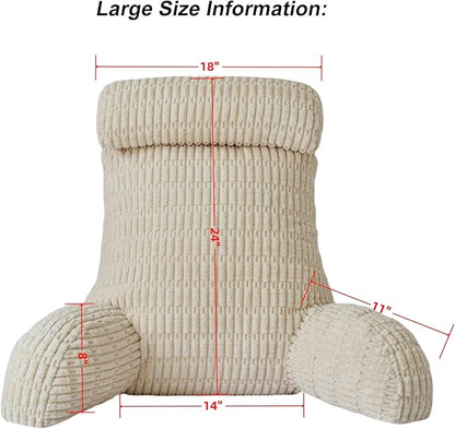 WERDIM Reading Pillow with Detachable Neck Roll, Large Back Pillow for Sitting Up in Bed Couch, Adult Bed Rest Pillow with Arms for Reading/Watching TV/Gaming, Beige