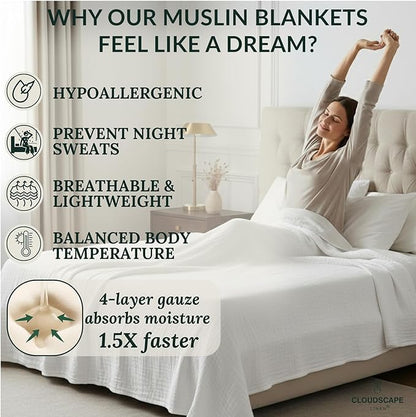 Cloud Scape Linen 4 Layer Oversized Muslin Blanket King Size - 100% Cotton, Weighted and Breathable All Season, Winter Blanket for Bed, Best Gift for Christmas, fits California King, 92x108, White