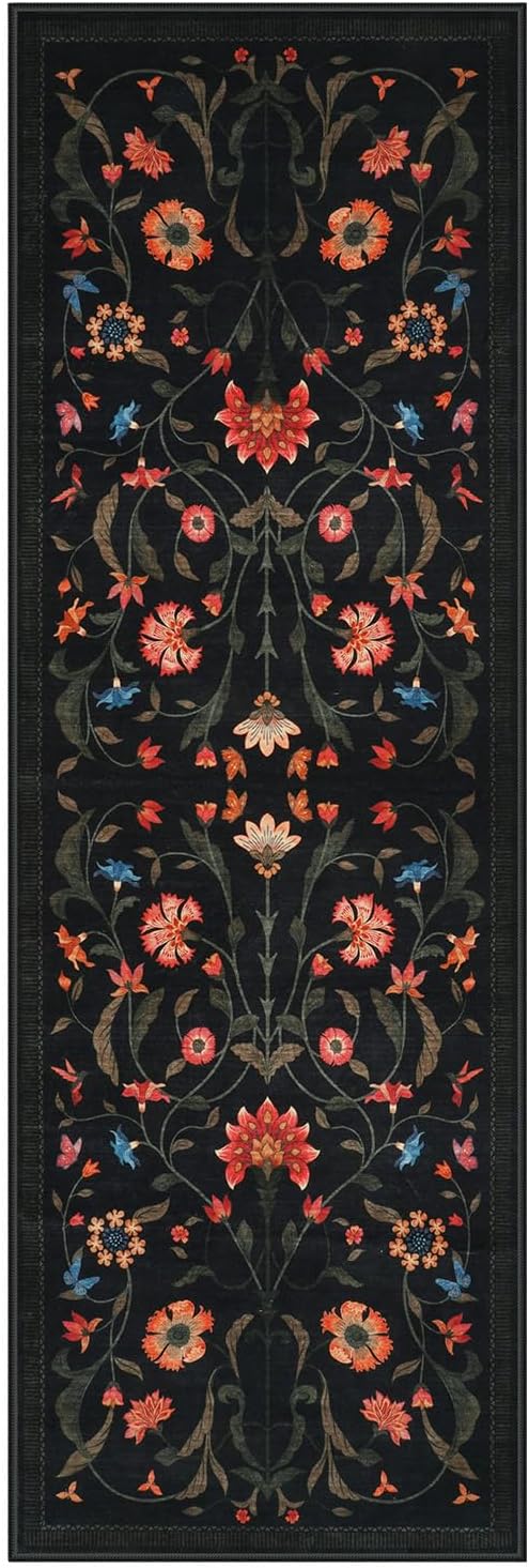 LIVEBOX Washable Runner Rug - Boho Floral 2x6 Kitchen Rug, Non-Slip Carpet Runners for Hallway 6ft, Soft Low-Pile Runner Rugs for Entryway Hallways Laundry Room Bedroom Farmhouse (2x6 ft, Black)
