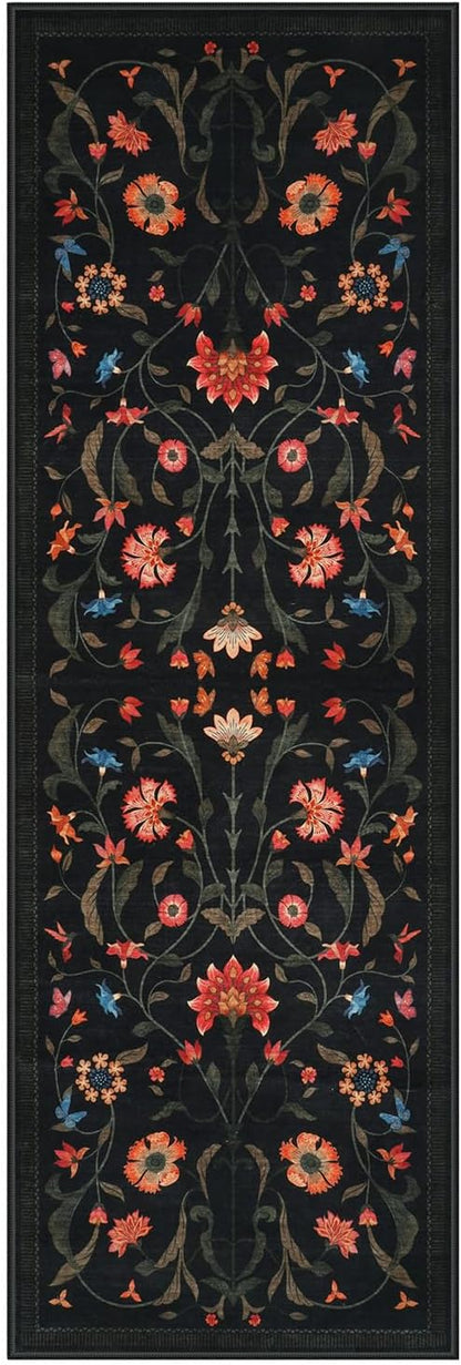 LIVEBOX Washable Runner Rug - Boho Floral 2x6 Kitchen Rug, Non-Slip Carpet Runners for Hallway 6ft, Soft Low-Pile Runner Rugs for Entryway Hallways Laundry Room Bedroom Farmhouse (2x6 ft, Black)