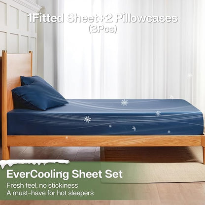 MR&HM Fitted Sheet & Pillowcase Set Queen, 3-Piece Blend Rayon Derived from Bamboo, Silky Soft & Breathable, 15" Deep Pocket with Elastic Straps, Cooling Sheets for Hot Sleepers, Navy Blue