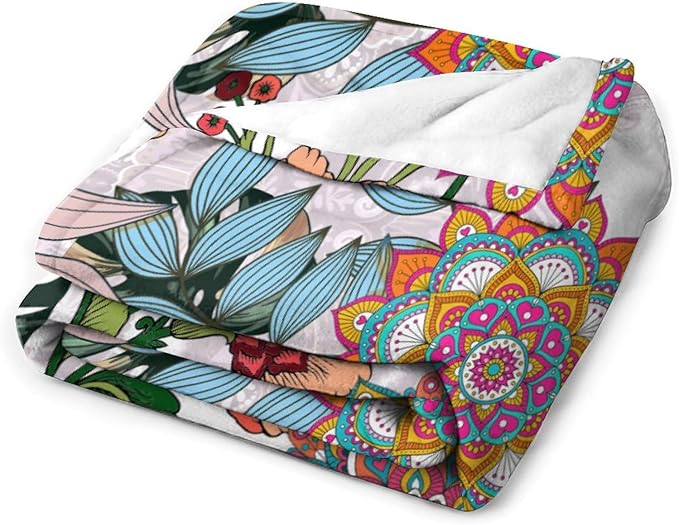 Boho Flowers Blanket for Women Girls, Rustic Bohemian Mandala Palm Leaves Plants Botanical Print Blanket for Bedroom Living Room Couch Sofa, 30"x40"