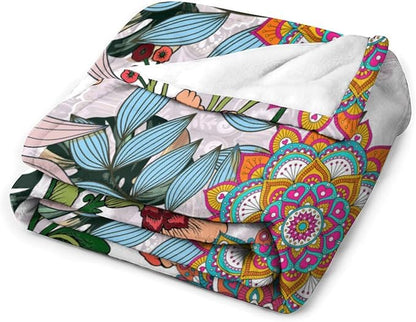 Boho Flowers Blanket for Women Girls, Rustic Bohemian Mandala Palm Leaves Plants Botanical Print Blanket for Bedroom Living Room Couch Sofa, 30"x40"
