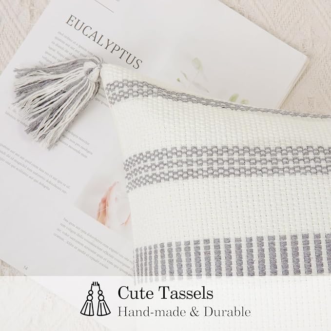 Smile Bee Boho Outdoor Couch Throw Pillow Covers Set of 2 Decorative Thick Woven Striped Accent Neutral Pillow Covers with Tassels for Bed Sofa Home Decor 18x18 Inch, Grey and Cream White