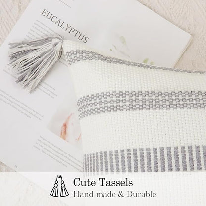 Smile Bee Boho Outdoor Couch Throw Pillow Covers Set of 2 Decorative Thick Woven Striped Accent Neutral Pillow Covers with Tassels for Bed Sofa Home Decor 18x18 Inch, Grey and Cream White
