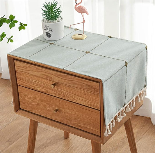 Simple Bedside Table Tassel Cover Cloth, Tablecloth Cover Towel, Suitable for Bedside Table TV Microwave Washing Machine Refrigerator Dust Cover (Gray Green, 15.7 * 35.4 inches)