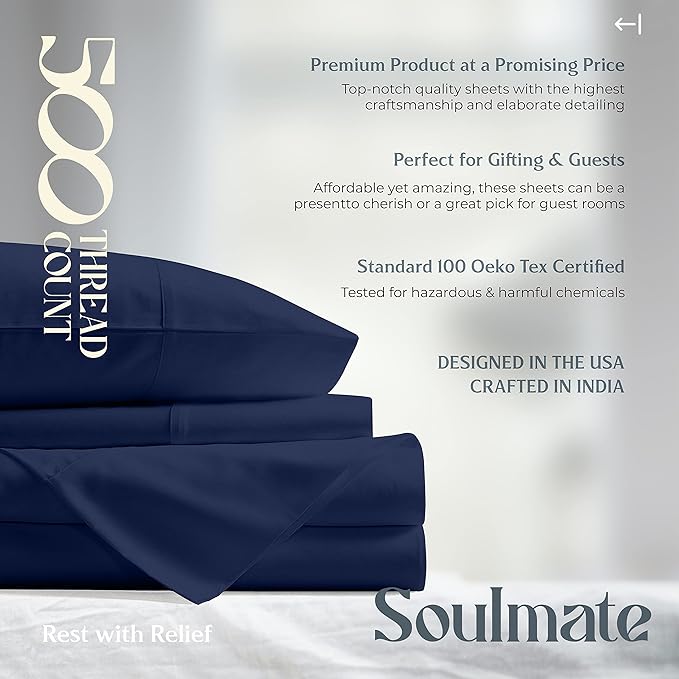 Mayfair Linen 500 Thread Count Full Cotton Sheets - 4 PC Full Size Bed Sheet Set Cotton (Navy Blue), Soft, Cooling, Sateen Hotel-Quality 16" Deep Pocket Bedsheet for Hot Sleepers (Fits 18" Mattress)