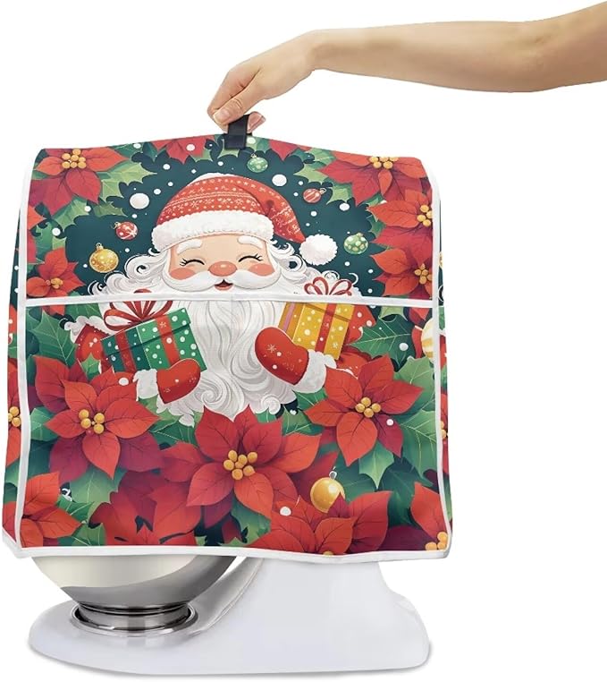 Santa Claus Stand Mixer Cover Dust Protective Poinsettia Stand Mixer Covers For Kitchen Aid 6-8 Quart Mixers Dustproof Cloth Cover for Small Appliance Protector Gift for Holiday