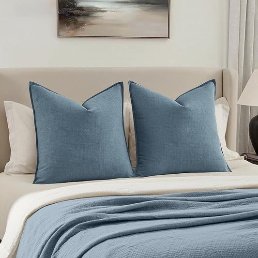 MIULEE Decorative Euro Sham Pillow Covers 24x24, 2 Pack Large Boho Farmhouse Neutral Throw Pillows for Bed, Thick Textured Modern Linen Cushion Cases Couch Sofa Living Room Home Decor, Blue