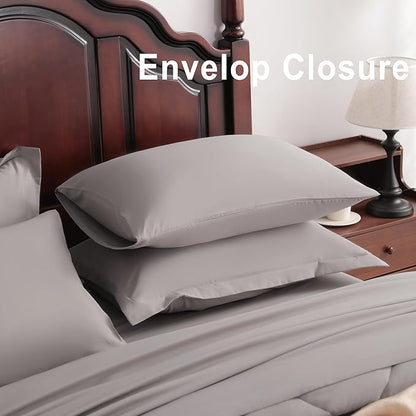 NTBAY Queen Comforter Set with Sheets, 7 Pieces Soft and Breathable Queen Bedding Set, Bed in a Bag, Down Alternative Comforter Set Solid Color All Season, Queen Bedding Set, Smoke Grey