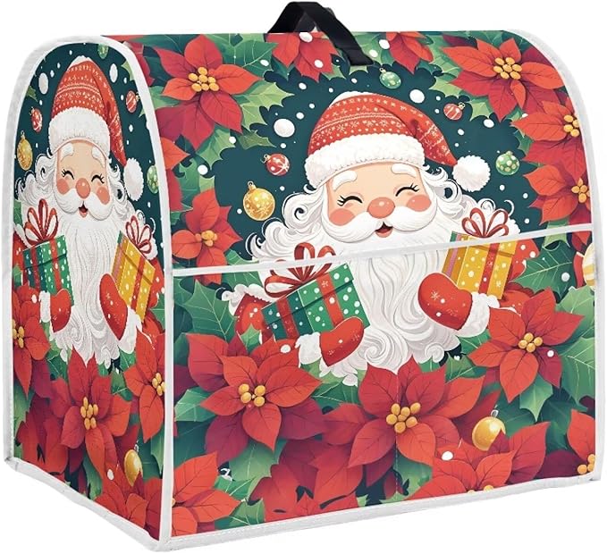 Santa Claus Stand Mixer Cover Dust Protective Poinsettia Stand Mixer Covers For Kitchen Aid 6-8 Quart Mixers Dustproof Cloth Cover for Small Appliance Protector Gift for Holiday