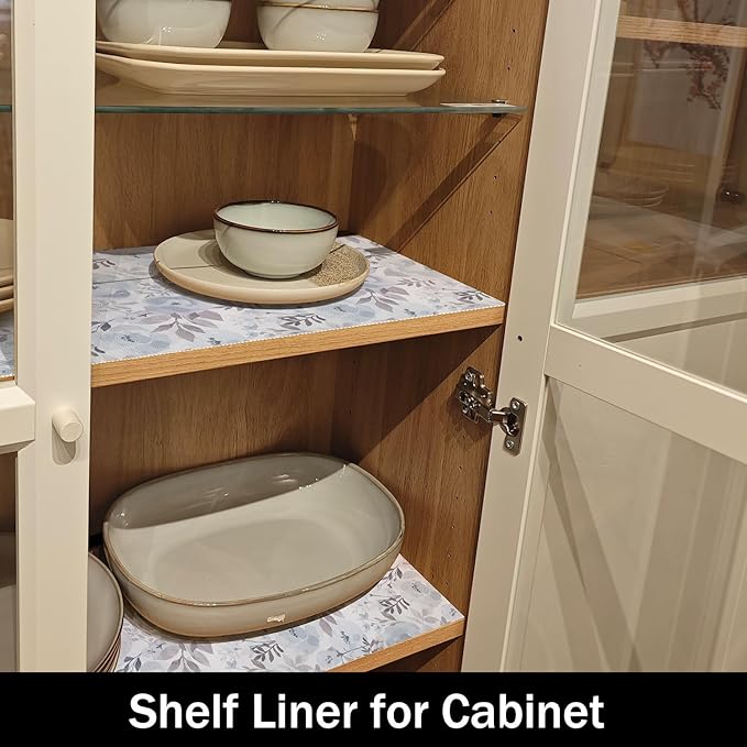 Blue Peony Shelf and Drawer Liner for Kitchen,Non-Adhesive and Strong Non-Slip Floral Cabinet Drawer Liners for Kitchen Shelf, Waterproof Cupboard Liners,Easy to Clean,12IN x 10FT
