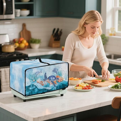 Microwave Oven Dust Cover Air Fryer Toaster Oven Protector with Storage Pockets, Stain-resistant for Small Appliances, L, 18.5 x 22.5 x 13 Inches, Sea Turtle Coral Reef Blue