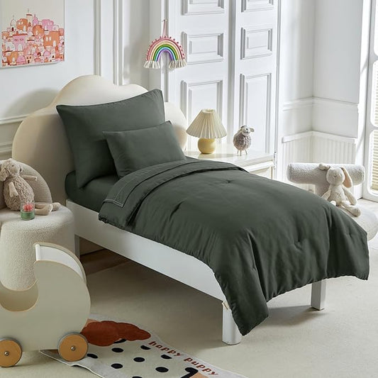 Toddler Bedding Set - 5 Piece Soft and Breathable Toddler Bed Set for Boys and Girls, Includes Quilted Comforter, Fitted Sheet, Flat Top Sheet, Standard Pillowcase and Toddler Pillowcase, Dark Green