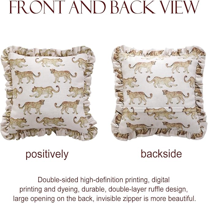 patdrea Designer Throw Pillow Covers for Couch 18"x18",Vintage Linen Pillows Cover with Cheetah Pattern and Luxury Ruffle,Farmhouse Decorative Pillowcases for Bed Living Room Outdoor Set of 1