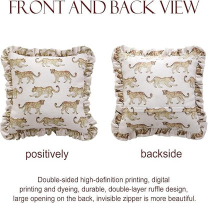 patdrea Designer Throw Pillow Covers for Couch 18"x18",Vintage Linen Pillows Cover with Cheetah Pattern and Luxury Ruffle,Farmhouse Decorative Pillowcases for Bed Living Room Outdoor Set of 1