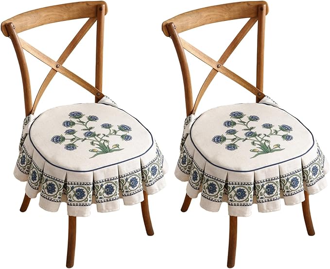 patdrea Pack of 2 Chair Cushions for Dining Chairs with Ruffled, Blue Floral Seat Cushion with Ties,Removable,Non Slip Chair Pads Decor for Bar Stool Cushions, Indoor Kitchen Chairs, 17.7"x17.7"