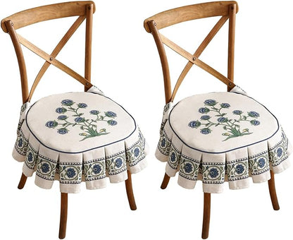 patdrea Pack of 2 Chair Cushions for Dining Chairs with Ruffled, Blue Floral Seat Cushion with Ties,Removable,Non Slip Chair Pads Decor for Bar Stool Cushions, Indoor Kitchen Chairs, 17.7"x17.7"