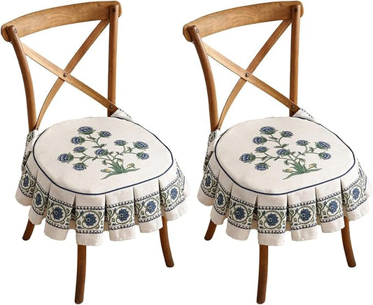 patdrea Pack of 2 Chair Cushions for Dining Chairs with Ruffled, Blue Floral Seat Cushion with Ties,Removable,Non Slip Chair Pads Decor for Bar Stool Cushions, Indoor Kitchen Chairs, 17.7"x17.7"