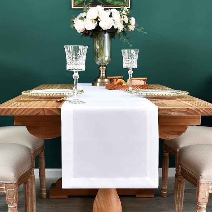 NEWISHER Farmhouse Rustic Table Runner Solid White Rectangular Table Runners Faux Linen Table Runner for Everyday Use Kitchen Dining Party Table 13x90 Inch