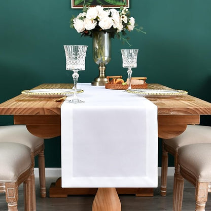 NEWISHER Farmhouse Rustic Table Runner Solid White Rectangular Table Runners Faux Linen Table Runner for Everyday Use Kitchen Dining Party Table 13x90 Inch