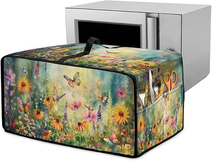 Microwave Oven Dust Cover with Storage Bags Waterproof Microwave Oven Grill Cover Protector Universal Reusable Decor Accessories for Kitchen, Vintage Daisy Sunflower Floral Butterfly Print, S