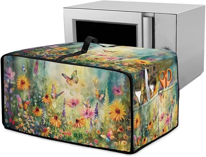 Microwave Oven Dust Cover with Storage Bags Waterproof Microwave Oven Grill Cover Protector Universal Reusable Decor Accessories for Kitchen, Vintage Daisy Sunflower Floral Butterfly Print, M