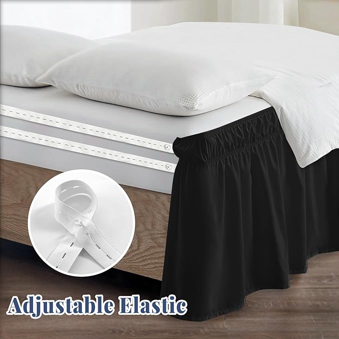 Queen Bed Skirt, Elastic Wrap Around Bed Skirt Queen Size, Bed Skirts for Adjustable Bed, Easy Fit with 18" Drop Length Tailored Drop Dust Ruffle (Black)