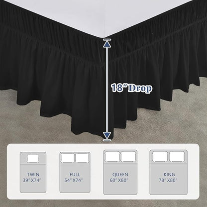 Queen Bed Skirt, Elastic Wrap Around Bed Skirt Queen Size, Bed Skirts for Adjustable Bed, Easy Fit with 18" Drop Length Tailored Drop Dust Ruffle (Black)