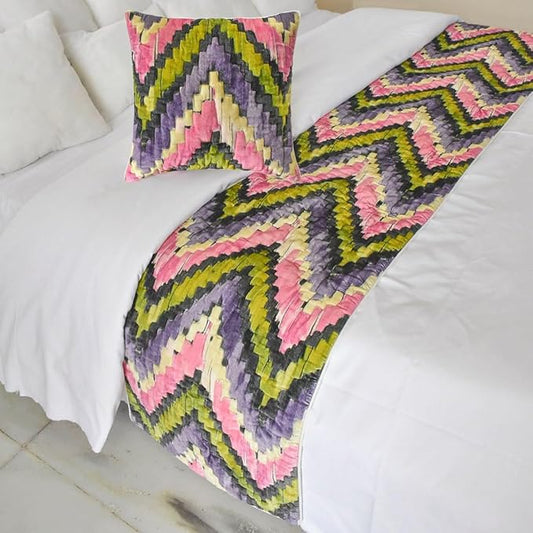 The HomeCentric King/Queen/Twin Pink & Purple Luxury CA King 86"x18" Bed Runner Without Pillow Cover, Chevron, Quilted Bed Scarf on Velvet Fabric - Artful Chevron