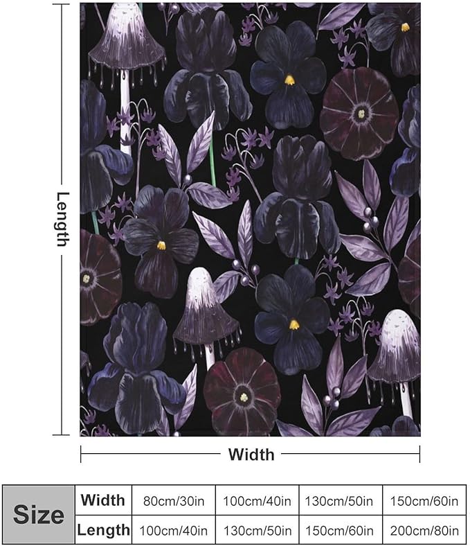 Gothic Floral Blanket, Vintage Abstract Black Purple Peony Flowers Mushroom Print Throw Blanket for Room Bedding Couch Decor Soft Lightweight Warm Cozy, 50"x60"
