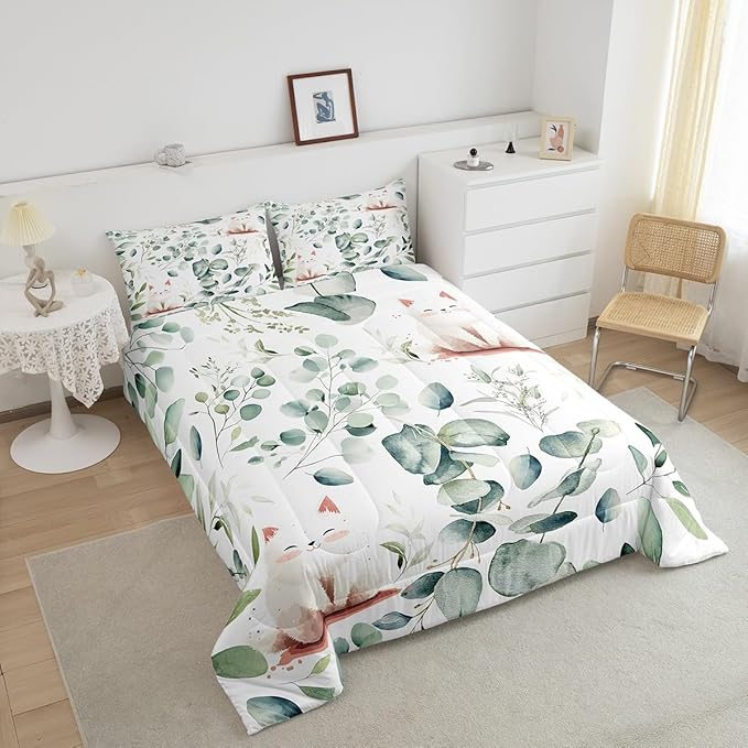 Erosebridal Kawaii Cat Queen Size Comforter Set for Boys Girls Cartoon Animal Bedding Set, Eucalyptus Leaves Down Comforter Pet Kitten Bed Set, Tropical Botanical Plants Quilted Duvet