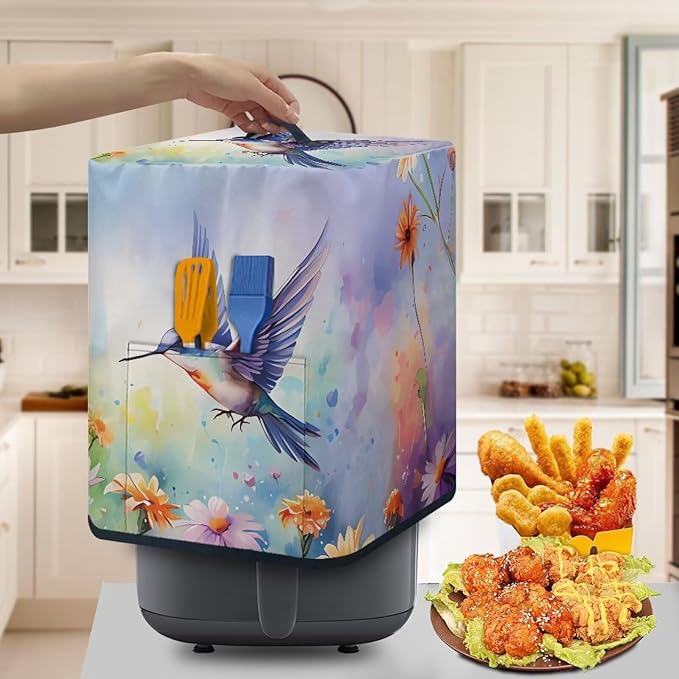 Air Fryer Cover - Stain Resistant, Washable Protective Cover with Front Pocket and Top Handle, Hummingbird Daisy Blue