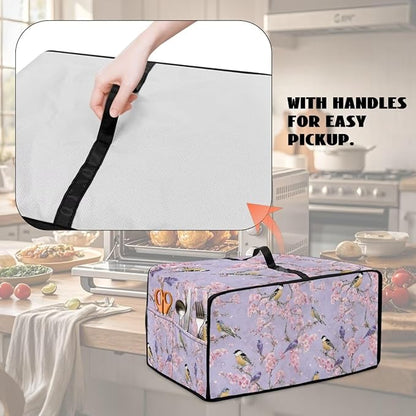 Dust-Proof Microwave Oven Grill Cover Protector Cherry Blossom Robin Bird Print Polyester-Linen Fabric Toaster Oven Dust Cover with Storage Bags Case Protections for Microwave Oven, L
