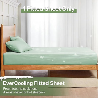MR&HM California King Fitted Sheet, Ultra-Soft Rayon Derived from Bamboo & Polyester Blend, Silky & Breathable, 15" Deep Pocket with Elastic Straps, Cooling Fitted Sheet for Hot Sleepers, Sage Green