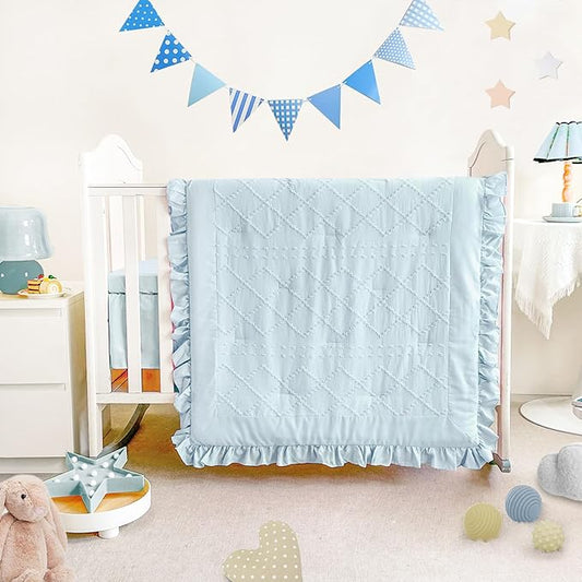 Wowelife Mini Crib Bedding Set for Girls, 3 Piece Tufted Jacquard Ruffle Fringe Baby Girl Crib Bedding Set Newborn, Infant & Nursery with Comforter, Crib Fitted Sheet and Crib Skirt, Blue