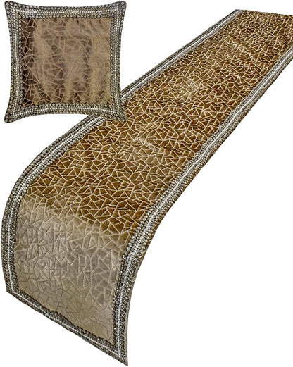 The HomeCentric King/Queen/Twin Brown Decorative Bed Runner King 90"x18" Bed Runner with One Pillow Cover, Border, Crystal, Cut Velvet, Mosiac Pattern Bed Scarf on Velvet Fabric - Velvet Fusion
