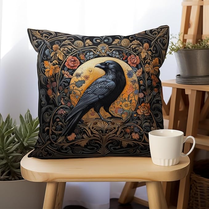 William Morris Abstract Vintage Floral Velvet Black Crow Design Throw Pillow Covers Home Decor, Retro Art Deco Pillowcase Cushion Cover for Bed Sofa Living Room, Square 18x18inch (Black-Crow)