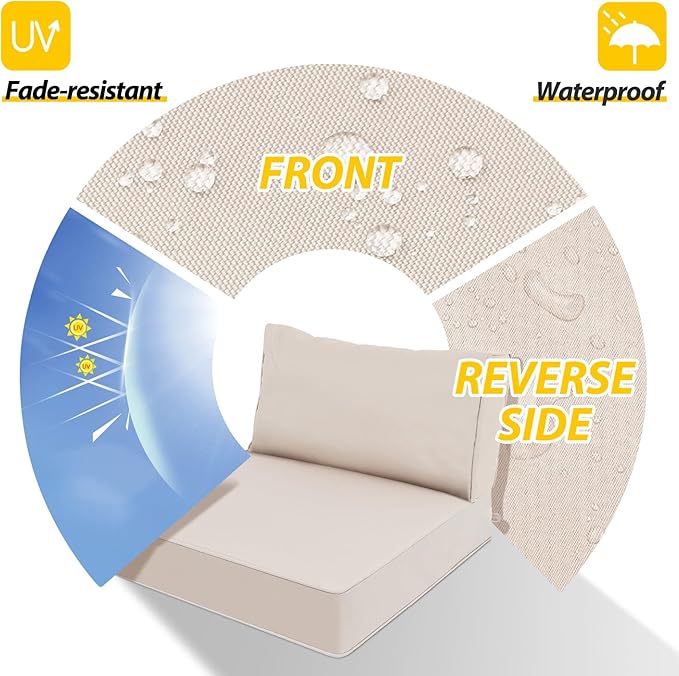 AAAAAcessories Outdoor Deep Seat Cushions, Waterproof, Fade-Resistant Patio Furniture Replacement Cushions, 23.5" x 25.5" x 5" + 23.5" x 13.5", Set of 2, Khaki Beige