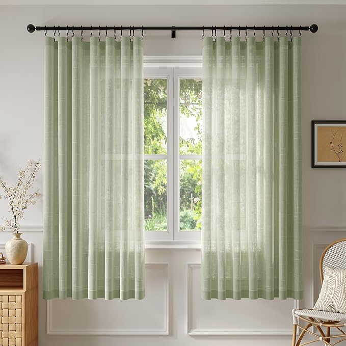 Anmao Natural Linen Curtains for Living Room 63 Inch Length 2 Panels Set, Light Filtering Semi Sheer Window Curtain Drapes for Bedroom with Curtain Rings and Clips, 52 Inch Wide Each Panel, Sage