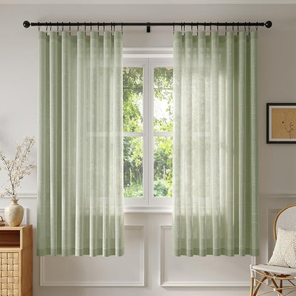 Anmao Natural Linen Curtains for Living Room 63 Inch Length 2 Panels Set, Light Filtering Semi Sheer Window Curtain Drapes for Bedroom with Curtain Rings and Clips, 52 Inch Wide Each Panel, Sage