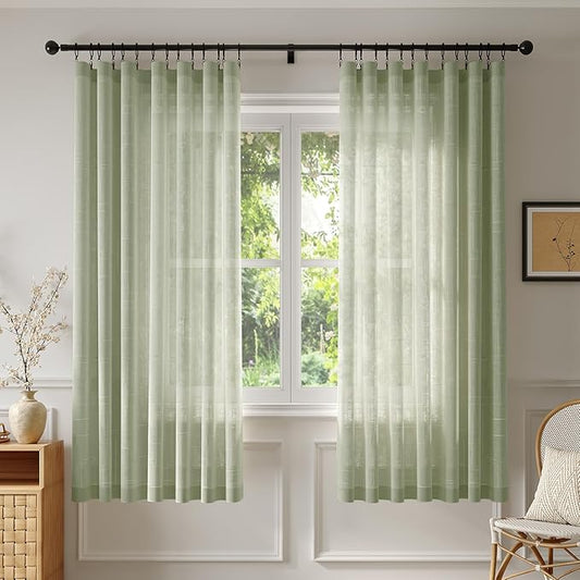 Anmao Natural Linen Curtains for Living Room 72 Inch Length 2 Panels Set, Light Filtering Semi Sheer Window Curtain Drapes for Bedroom with Curtain Rings and Clips, 52Wx72L, Sage Green