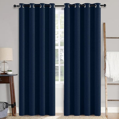 MIULEE 90 Inches Linen Textured Curtains for Bedroom 100% Blackout Thermal Insulated Midnight Blue Grommet Room Darkening Curtains & Drapes Luxury Decor for Living Room Nursery 52 x 90 Inch (2 Panels)