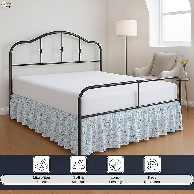 Cottington Lane Ruffled Bed Skirt Queen Size with Split Corner, Brushed Microfiber Hotel Quality Dust Ruffle, 18 Inch Drop Gathered Bedskirt, Soft, Stylish, Shrink & Fade Resistant, Garden Bloom