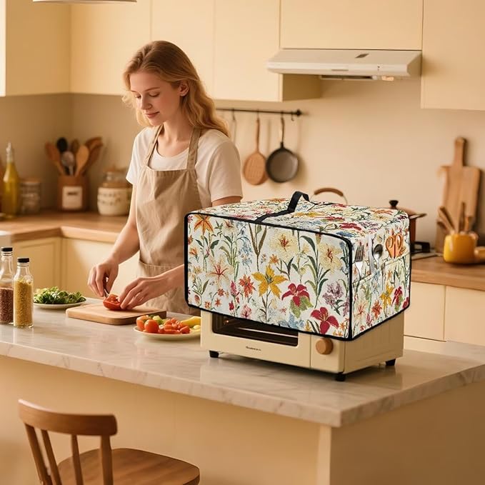 Toaster Oven Cover with Pockets, Washable Smart Oven Dust Cover Protective Kitchen Appliances Decor and Accessories, S, 14.5" x 18.5" x 9", Floral Pattern